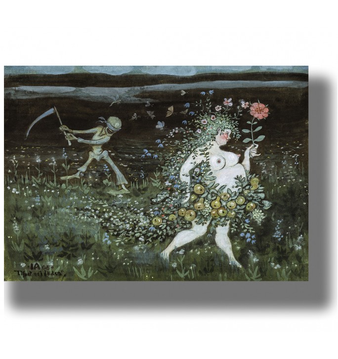 Painting of a flower-covered woman walking through a field while a skeleton with a scythe follows behind.