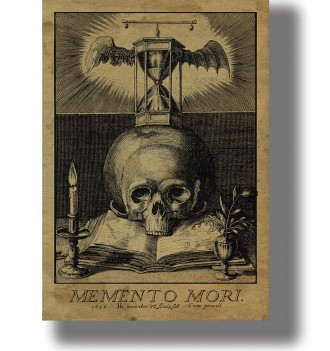Old Memento Mori engraving with a skull on an open book, winged hourglass, candle, and small plant.