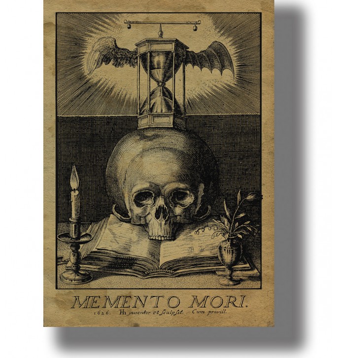 Old Memento Mori engraving with a skull on an open book, winged hourglass, candle, and small plant.