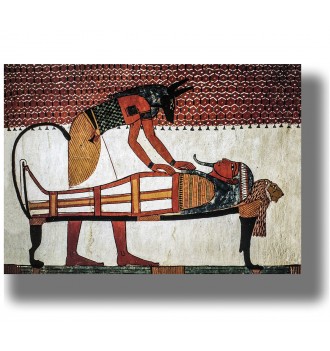 Ancient Egyptian wall painting showing jackal-headed Anubis leaning over the mummy of Sennedjem.