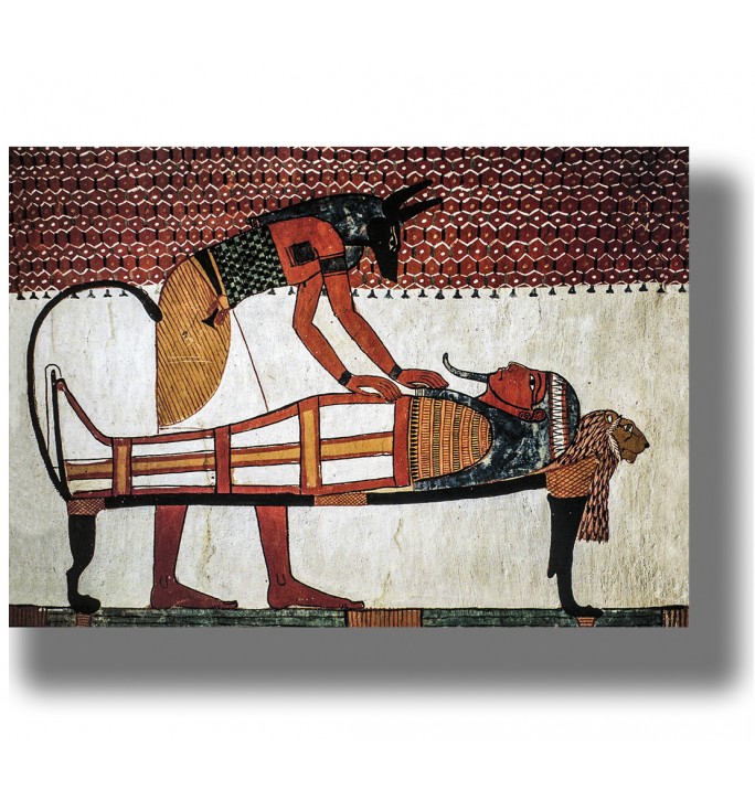 Ancient Egyptian wall painting showing jackal-headed Anubis leaning over the mummy of Sennedjem.