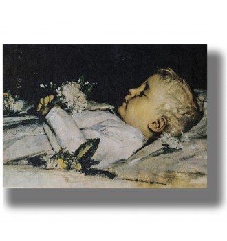 Painting of a young child lying on a deathbed with white flowers around him.