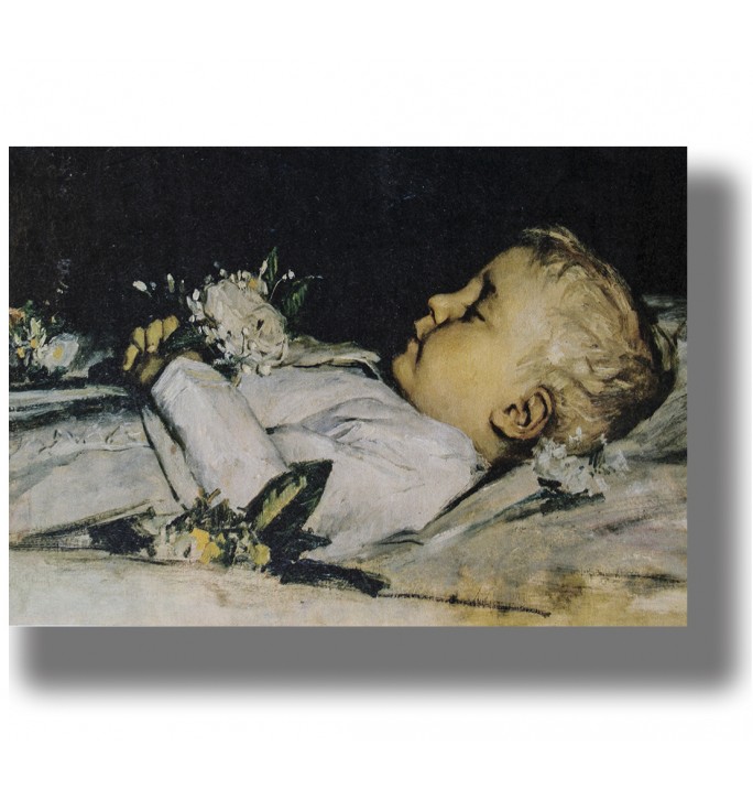 Painting of a young child lying on a deathbed with white flowers around him.
