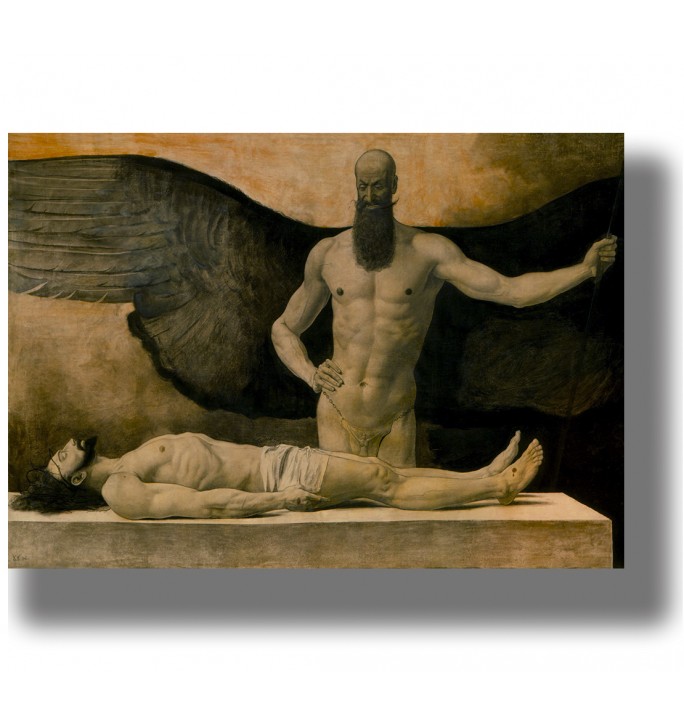 Symbolist artwork showing a winged male figure standing beside a reclining male body on a stone slab by Sascha Schneider.
