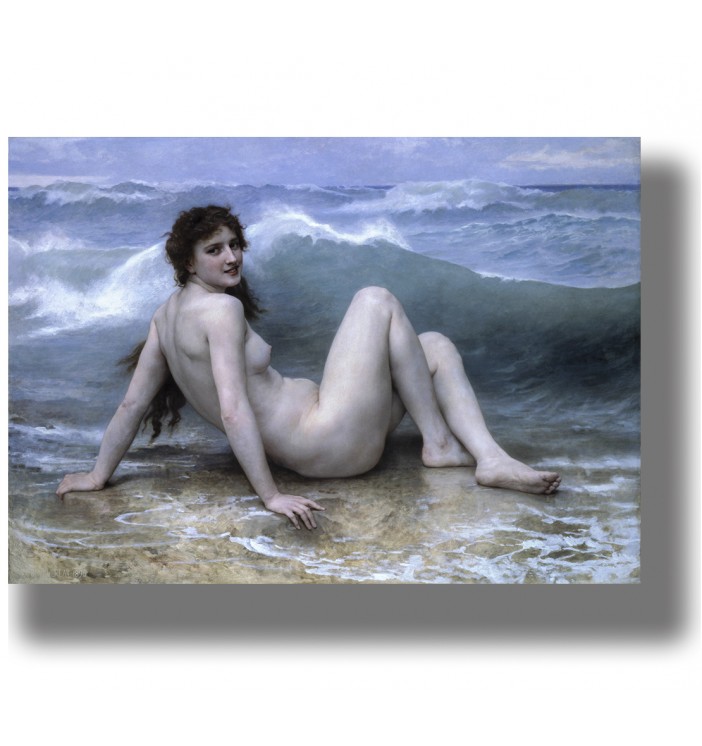 Classical nude woman sitting on the wet shore as blue ocean waves roll behind her.