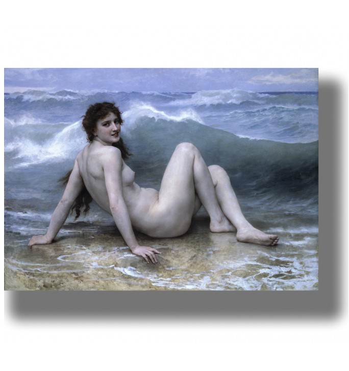 Classical nude woman sitting on the wet shore as blue ocean waves roll behind her.