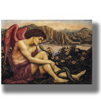 Pre-Raphaelite painting showing an angel with red wings seated among flowers while a serpent coils around the figure’s legs.