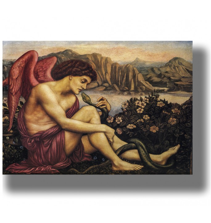Pre-Raphaelite painting showing an angel with red wings seated among flowers while a serpent coils around the figure’s legs.