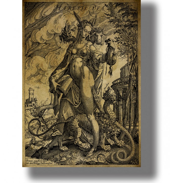 Antique engraving of the Goddess of Heresy as a strange female figure with an open book and a manticore at her feet.