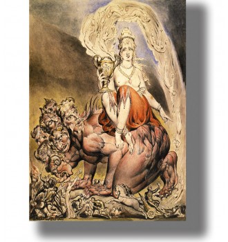 Biblical scene showing the Whore of Babylon crowned and seated on a seven-headed beast with a golden cup in her hand.