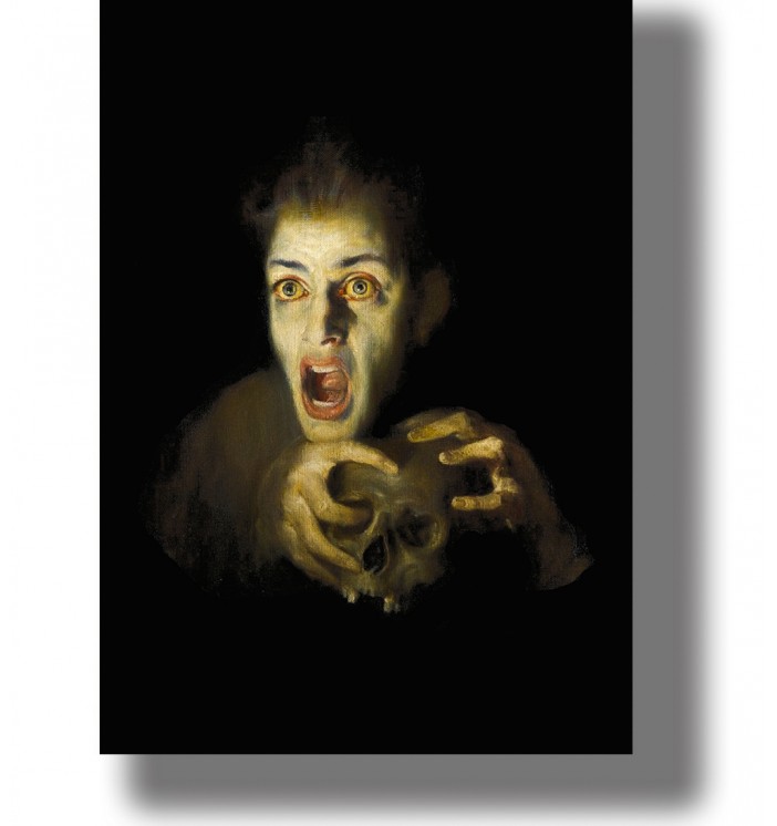 Painting of a screaming man with bloodshot eyes clutching a human skull in a dark and unsettling scene.