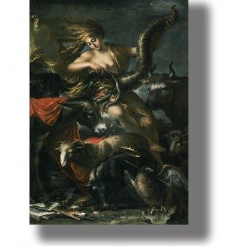 Woman representing Fortune empties a cornucopia over donkeys, sheep, cattle and other animals in a dark Baroque scene.
