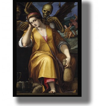 Woman representing Avarice sits with a bag of money as a winged skeleton looms over her shoulder.