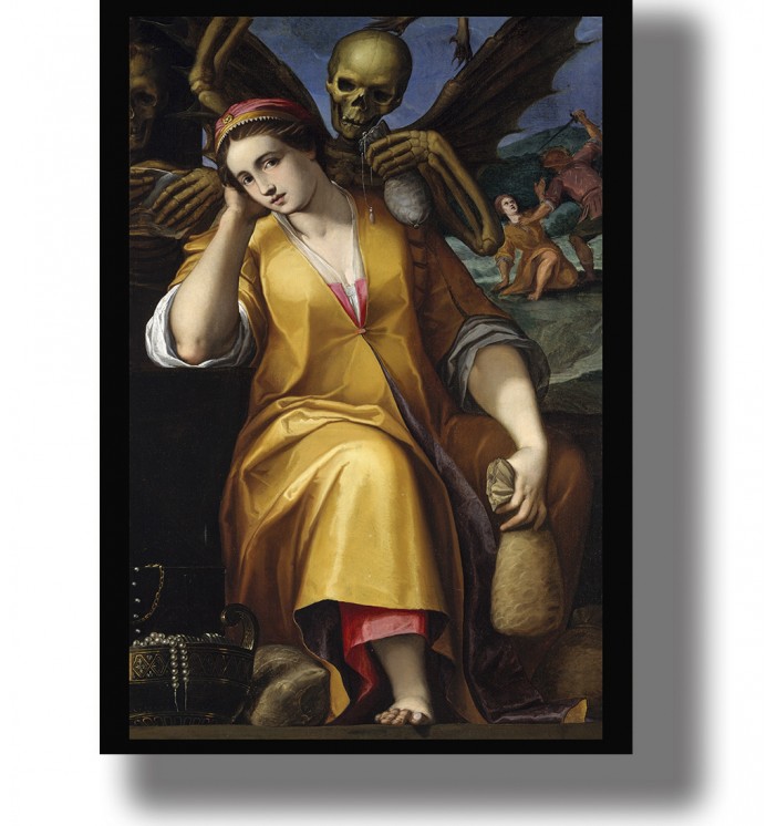 Woman representing Avarice sits with a bag of money as a winged skeleton looms over her shoulder.