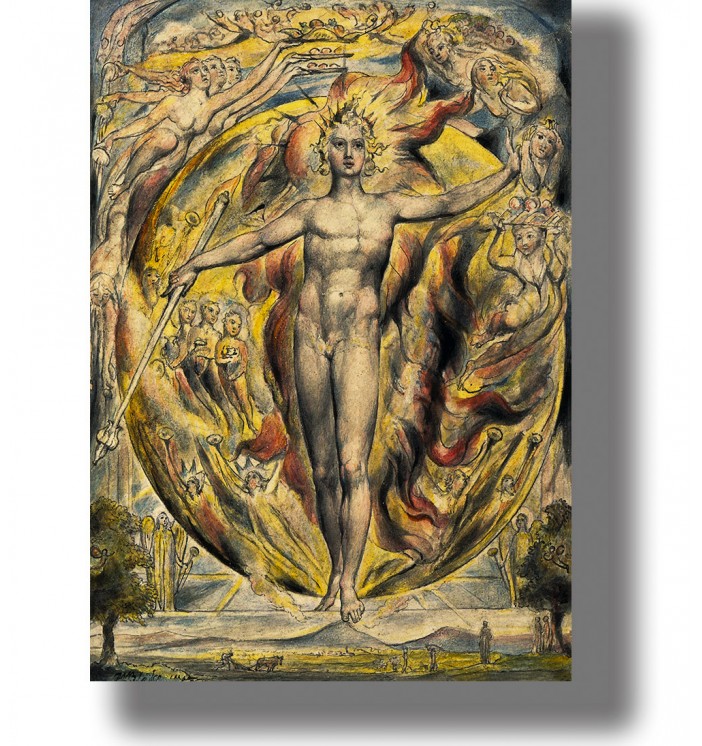 William Blake illustration of a radiant male figure as the Sun, surrounded by celestial figures, flames and glowing light.