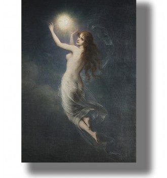 Red-haired female spirit in a flowing veil reaches toward a glowing star in a dark blue night sky.