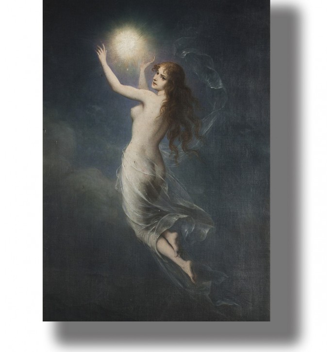Red-haired female spirit in a flowing veil reaches toward a glowing star in a dark blue night sky.