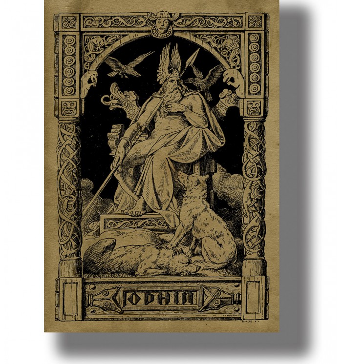 The scandinavian god Odin with the ravens Hugin and Mugin, the wolves Geri and Freki.