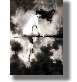 Black-and-white image of a nude witch flying on a broom through dark clouds.