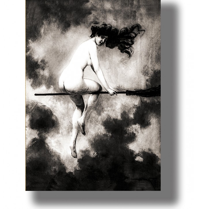 Black-and-white image of a nude witch flying on a broom through dark clouds.