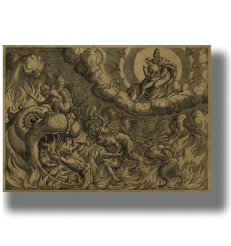 Old engraving showing demons dragging sinners through flames into the mouth of Hell.
