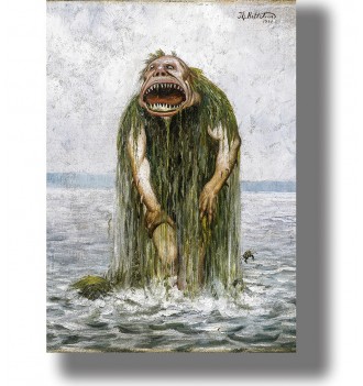 Creepy troll rising from the water in a painting by Theodor Kittelsen. Dark Norwegian folklore print for wall decor.