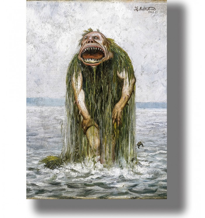 Creepy troll rising from the water in a painting by Theodor Kittelsen. Dark Norwegian folklore print for wall decor.
