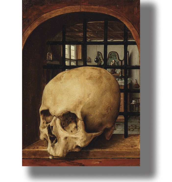 Large human skull resting in a niche with a detailed Renaissance interior visible through the window behind it.