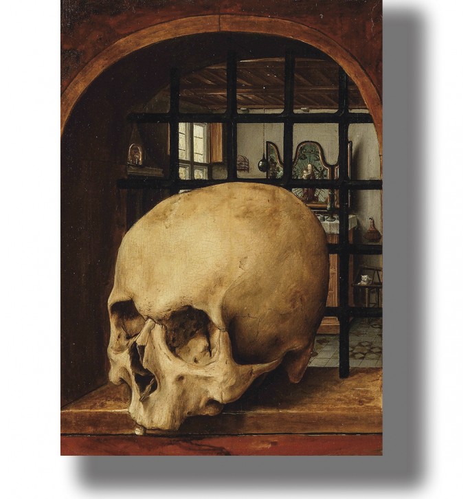 Large human skull resting in a niche with a detailed Renaissance interior visible through the window behind it.
