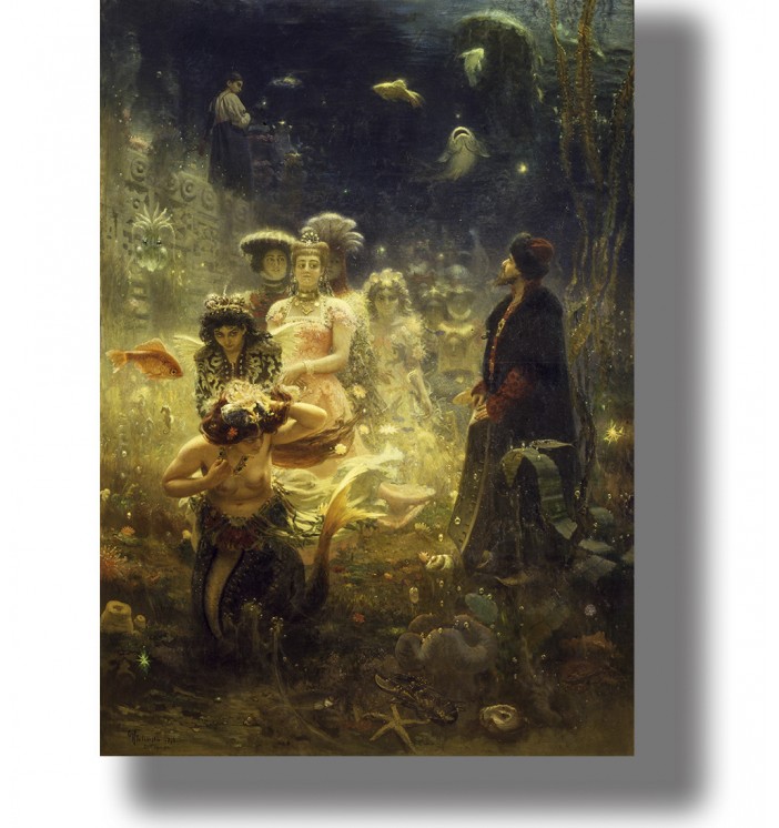 Magical underwater kingdom with Sadko, mermaids, and sea creatures in a Russian fairy tale painting.