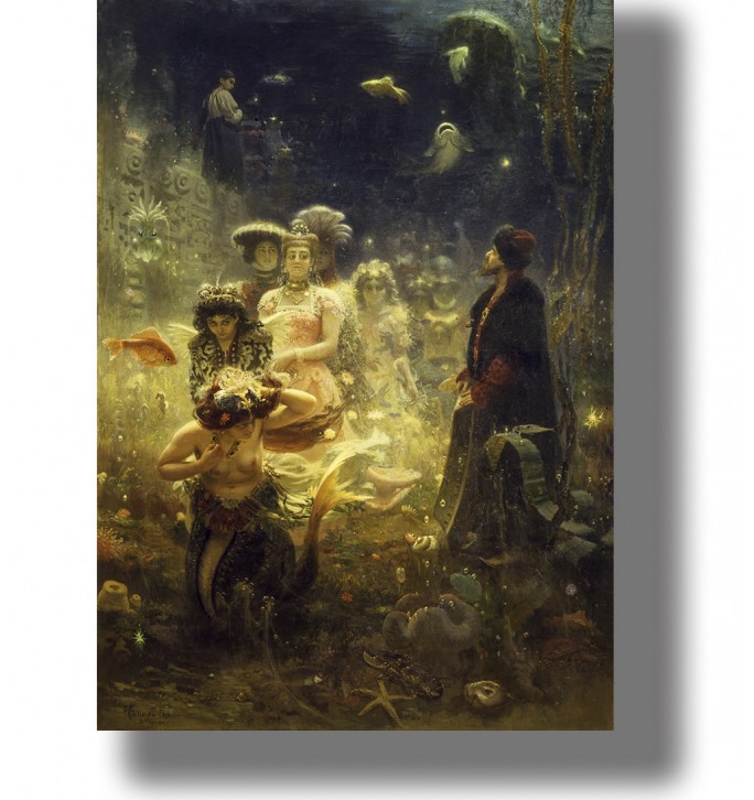 Magical underwater kingdom with Sadko, mermaids, and sea creatures in a Russian fairy tale painting.