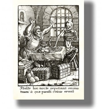 Old engraving showing skeletal Death taking coins from a table while a wealthy man raises his hands.