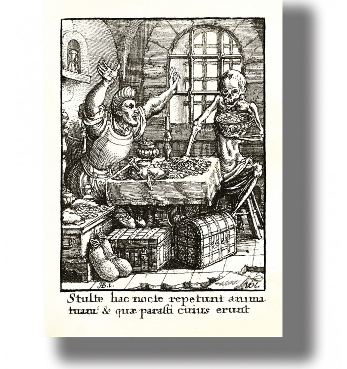 Old engraving showing skeletal Death taking coins from a table while a wealthy man raises his hands.