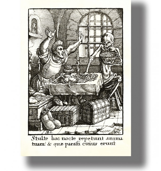 Old engraving showing skeletal Death taking coins from a table while a wealthy man raises his hands.