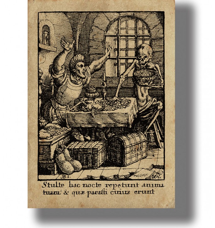 Old engraving showing skeletal Death taking coins from a table while a wealthy man raises his hands.