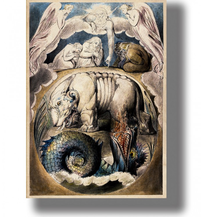 Watercolor-style biblical scene with Behemoth and Leviathan, angels above, and a sea monster below