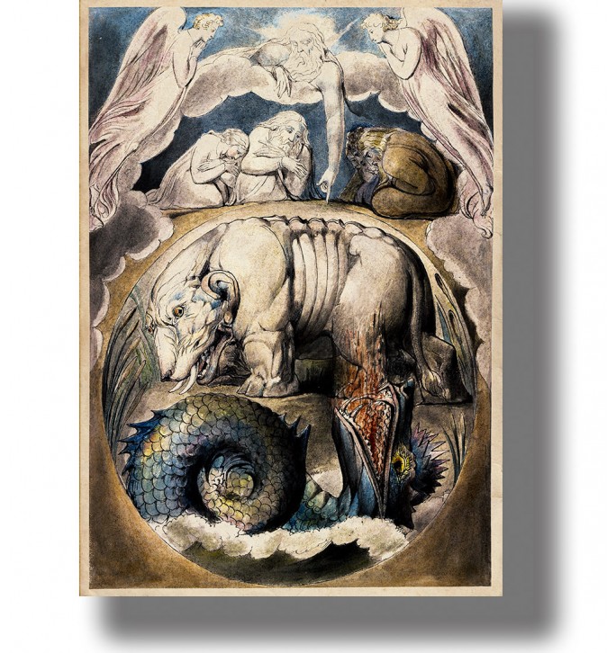 Watercolor-style biblical scene with Behemoth and Leviathan, angels above, and a sea monster below