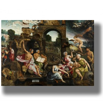 Old painting showing Saul and the Witch of Endor in a biblical necromancy scene.