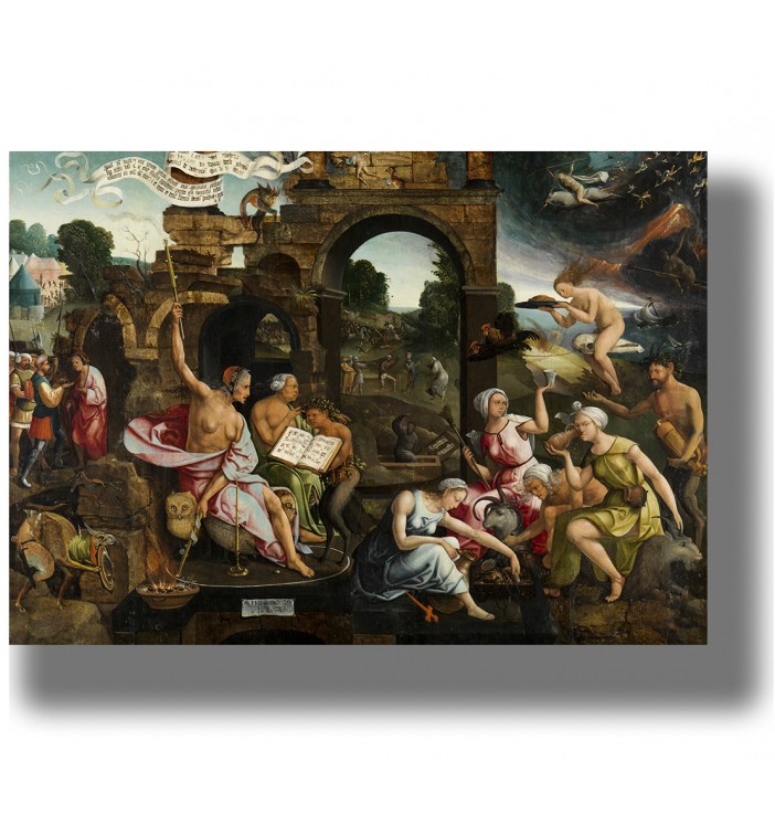 Old painting showing Saul and the Witch of Endor in a biblical necromancy scene.