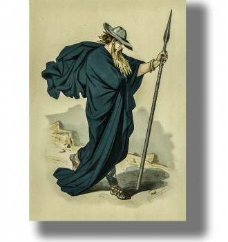 Odin in disguise as a wandering figure in a dark Norse mythology illustration.