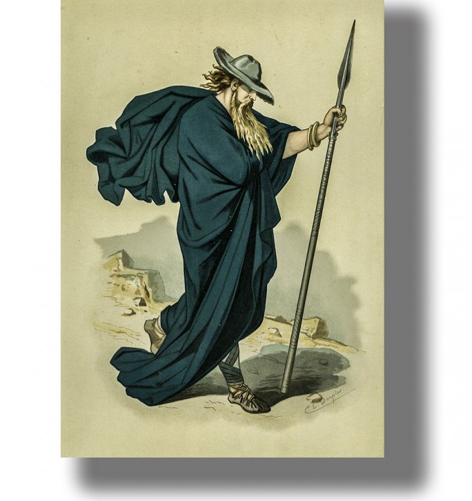 Odin in disguise as a wandering figure in a dark Norse mythology illustration.