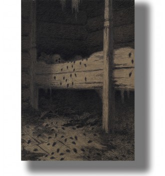 Dark illustration of an abandoned wooden interior filled with mice, with a skeleton appearing behind the wooden beams.