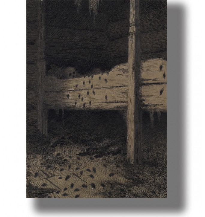 Dark illustration of an abandoned wooden interior filled with mice, with a skeleton appearing behind the wooden beams.