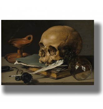 Still life painting with a human skull resting on books beside a writing quill, overturned glass, and oil lamp.