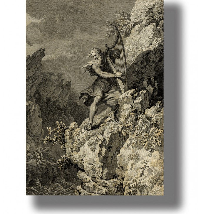Celtic druid playing a harp on a rocky cliff in a dark mystical illustration.