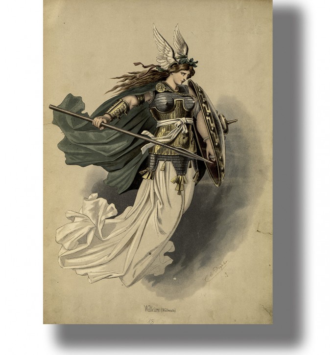 Valkyrie warrior maiden with winged helmet, spear, and shield in a vintage Norse illustration.