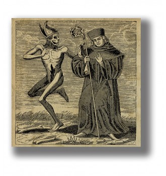Old illustration showing skeletal Death beside an abbot holding a religious staff.