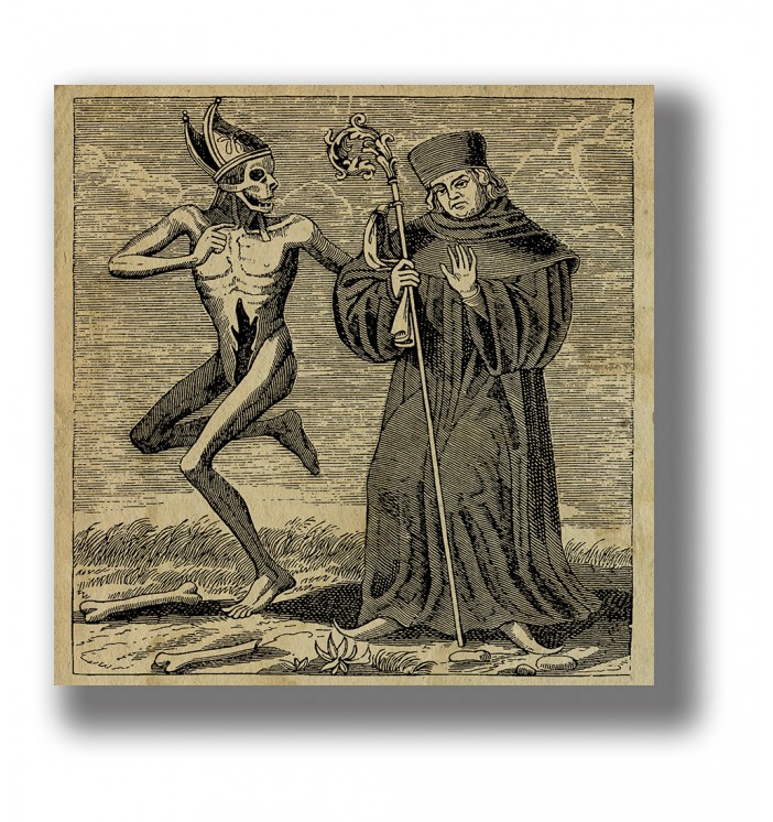 Old illustration showing skeletal Death beside an abbot holding a religious staff.