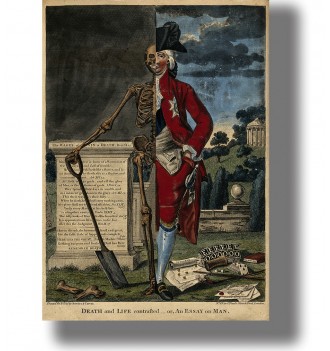 Man shown half alive and half as a skeleton, standing between a graveyard and a landscape with symbols of earthly pleasures.