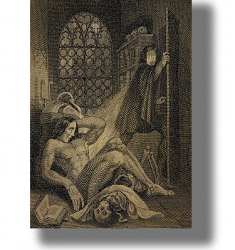 Gothic illustration of Frankenstein’s monster awakening as Victor looks back in horror beside a large window